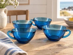 4 tasses Vereco en verre bleu – Années 1970