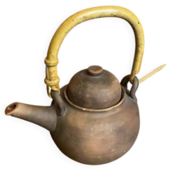 Théière ancienne terre cuite + anse en bambou style japonais vintage