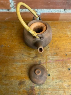 Théière ancienne terre cuite + anse en bambou style japonais vintage