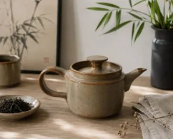 Théière artisanale en grès, style japonisant, esprit Puisaye, 1960-1970