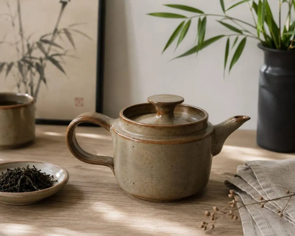 Théière artisanale en grès, style japonisant, esprit Puisaye, 1960-1970