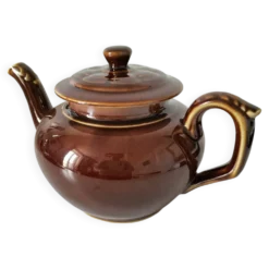 Théière vintage en faïence brune émaillée, décor sculptural mid-century