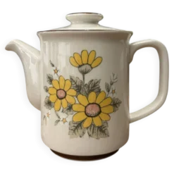 Théière vintage en grès à fleurs jaunes et blanches – années 60/70