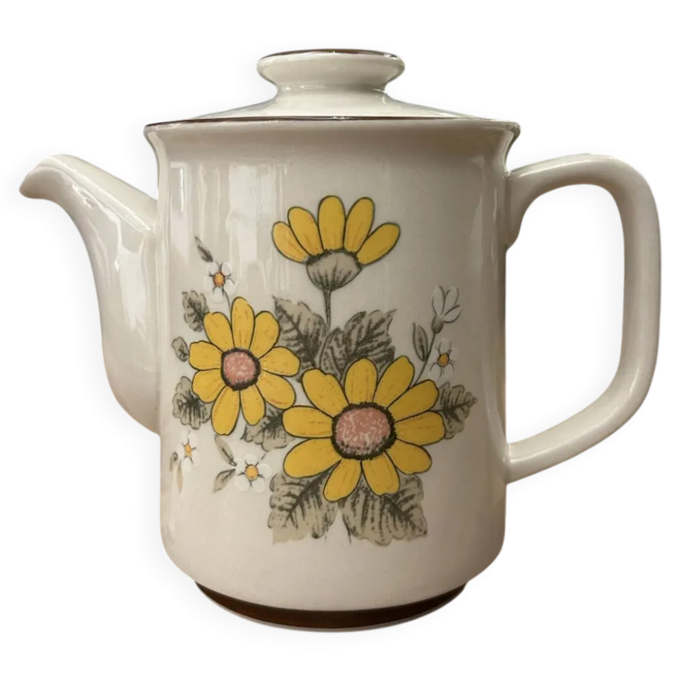 Théière vintage en grès à fleurs jaunes et blanches – années 60/70