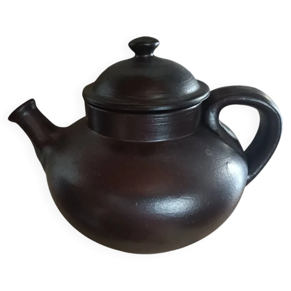 Théière vintage en terre cuite brune émaillée Jean Dubost