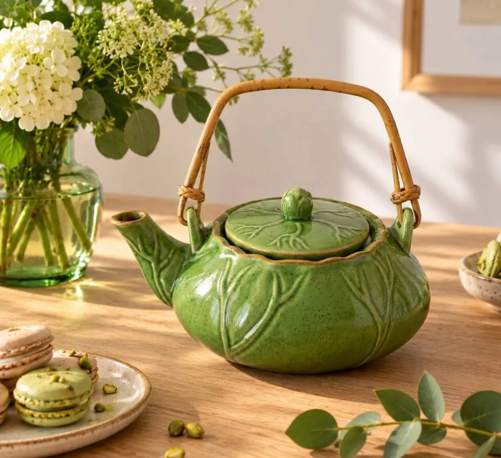 Théière vintage verte à décor de lotus et anse en bambou