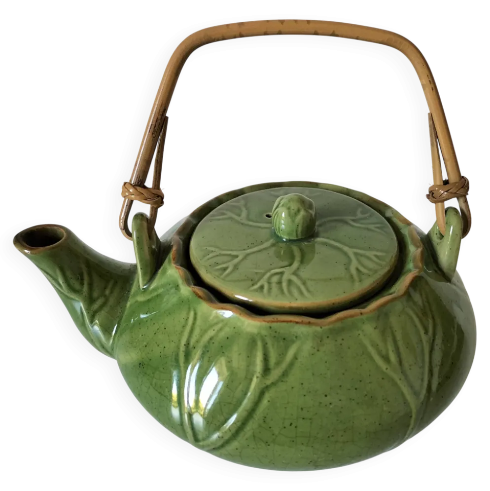 Théière vintage verte à décor de lotus et anse en bambou