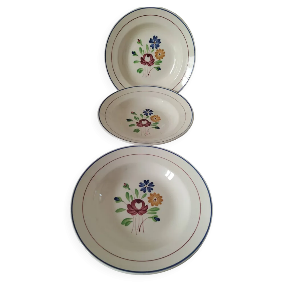 Trio d’assiettes creuses K&G Lunéville – modèle Chantilly peint main