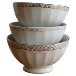 Trio de bols vintage à café au lait porcelaine blanche – Frise et liseré do