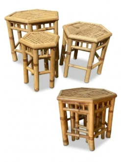 Trio de petites tables sellettes en rotin vintage