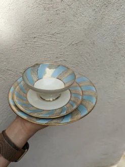 Trio à thé/café vintage Bavaria Elfenbein, vagues graphiques bleu ciel&or
