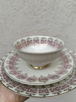 Trio à thé/café vintage Schlottenhof Bavaria, Décor baroque rosé&or 1950s