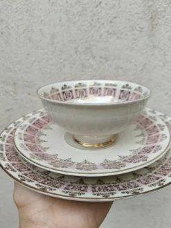 Trio à thé/café vintage Schlottenhof Bavaria, Décor baroque rosé&or 1950s