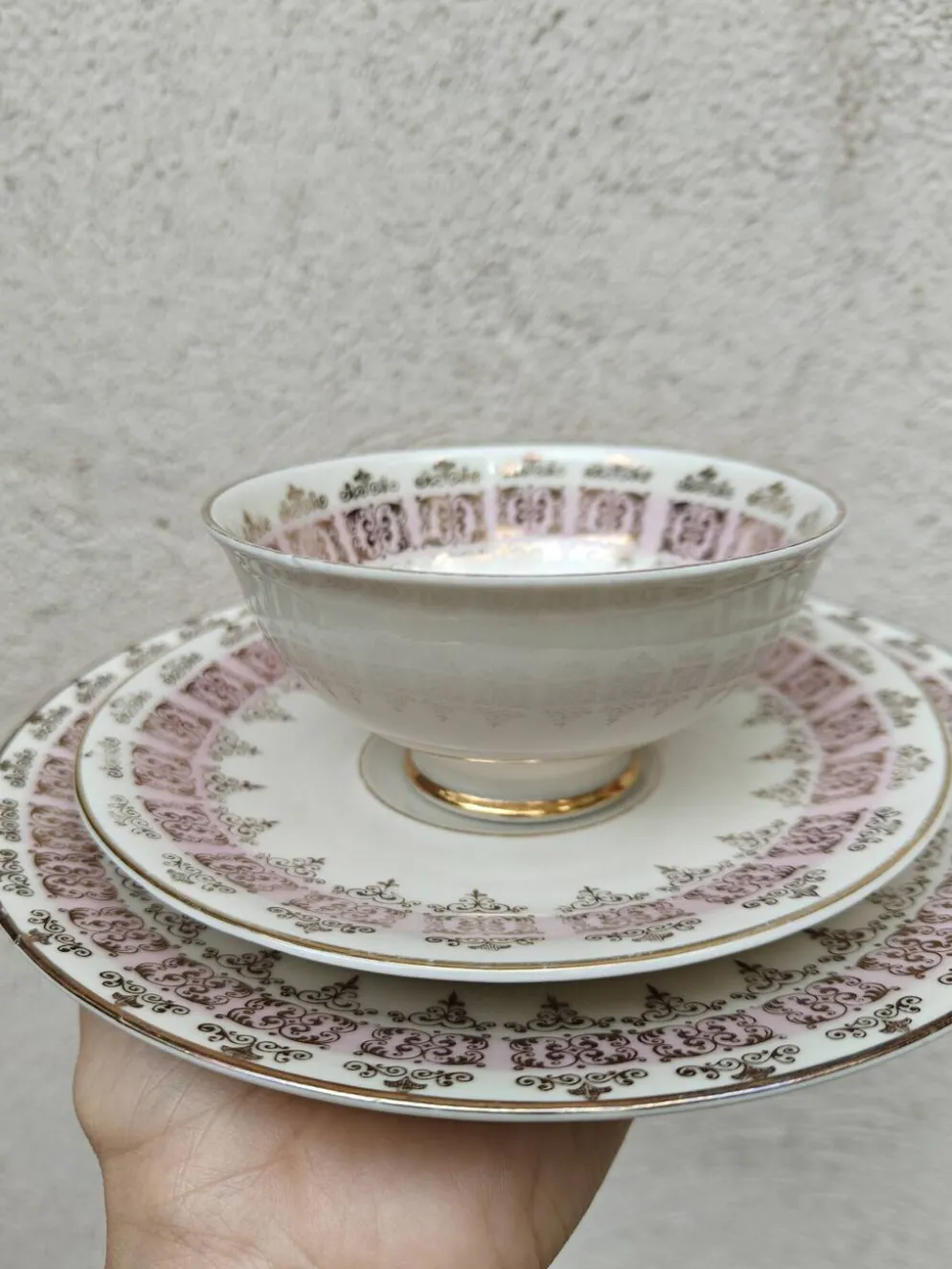 Trio à thé/café vintage Schlottenhof Bavaria, Décor baroque rosé&or 1950s