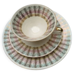 Trio à thé/café vintage Weissenstadt Bavaria, Motif géométrique pastel & or