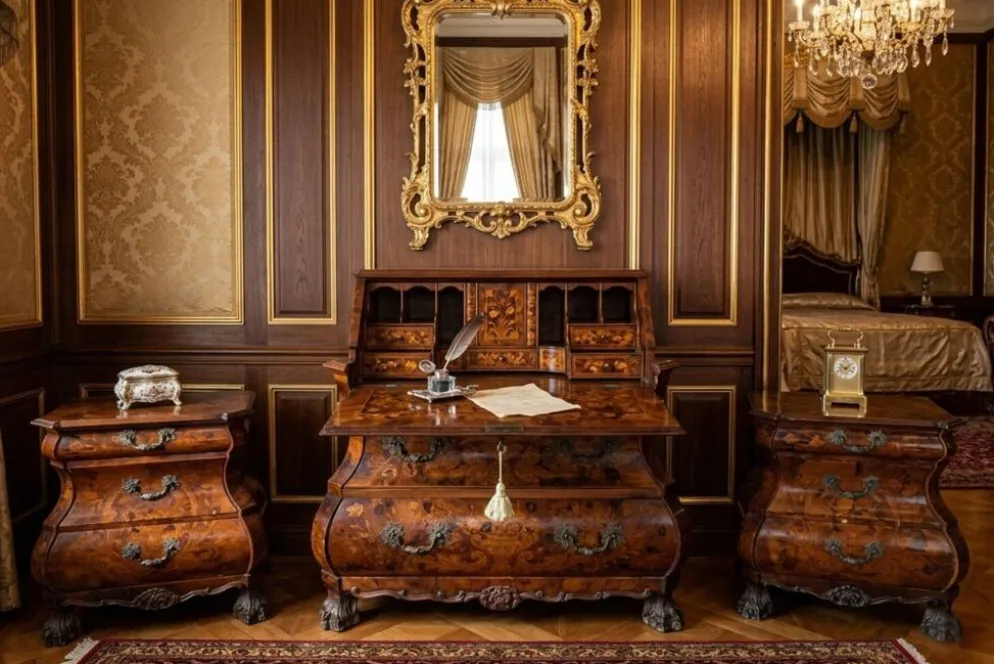 Trittico Baroque Néerlandais Années 20 – Coiffeuse et Paire de Chevets Marquetés