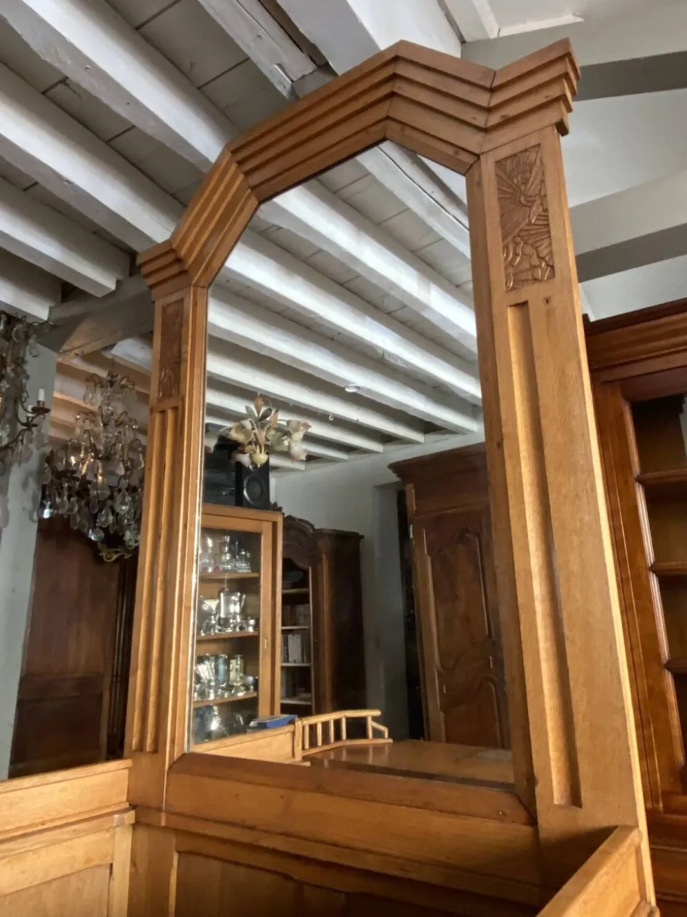 Très grand comptoir de réception en chêne blond massif Art déco Vignal & Bo