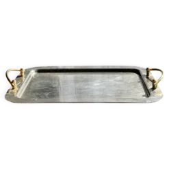 Très grand plateau vintage en métal argenté à anses dorées L47 L36,5 H5