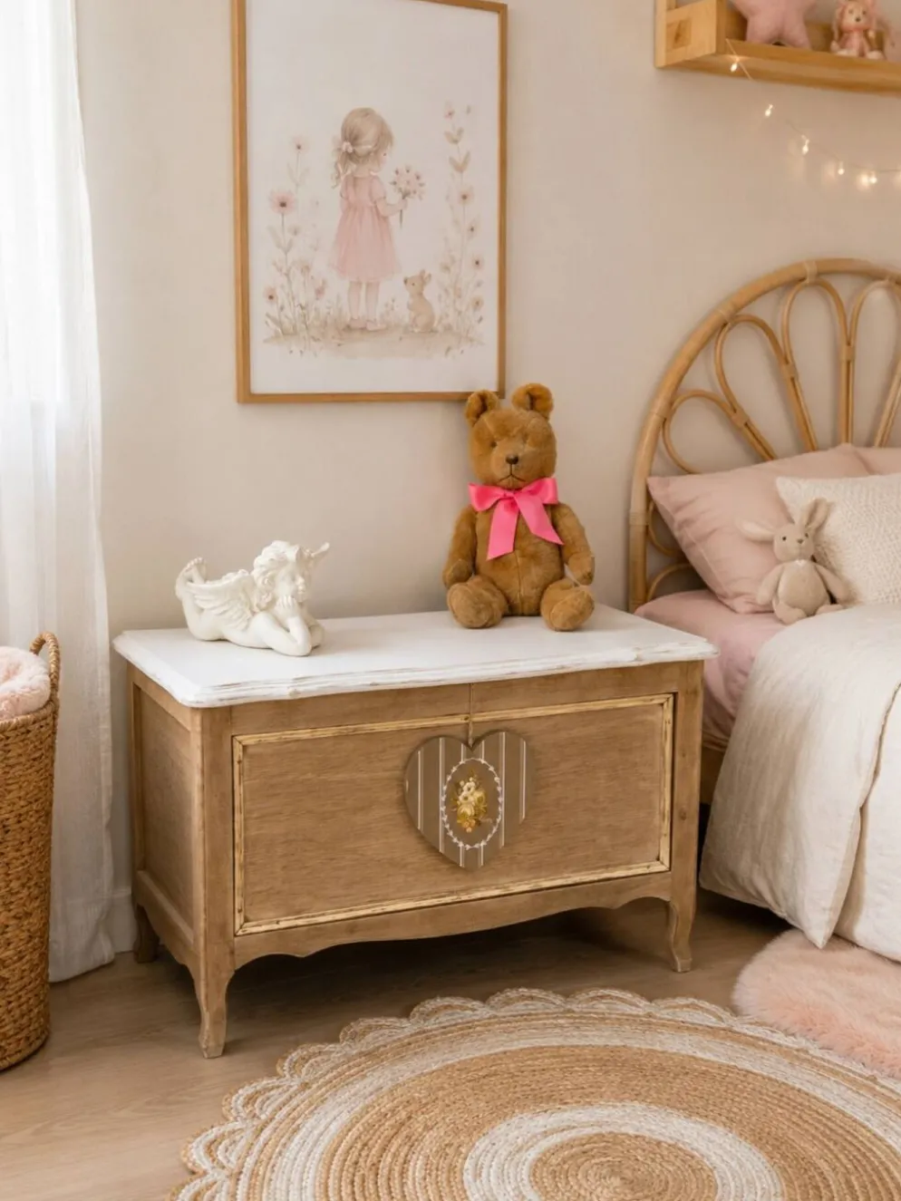 Très joli coffre à jouets vintage coeur style L. Ashley amovible