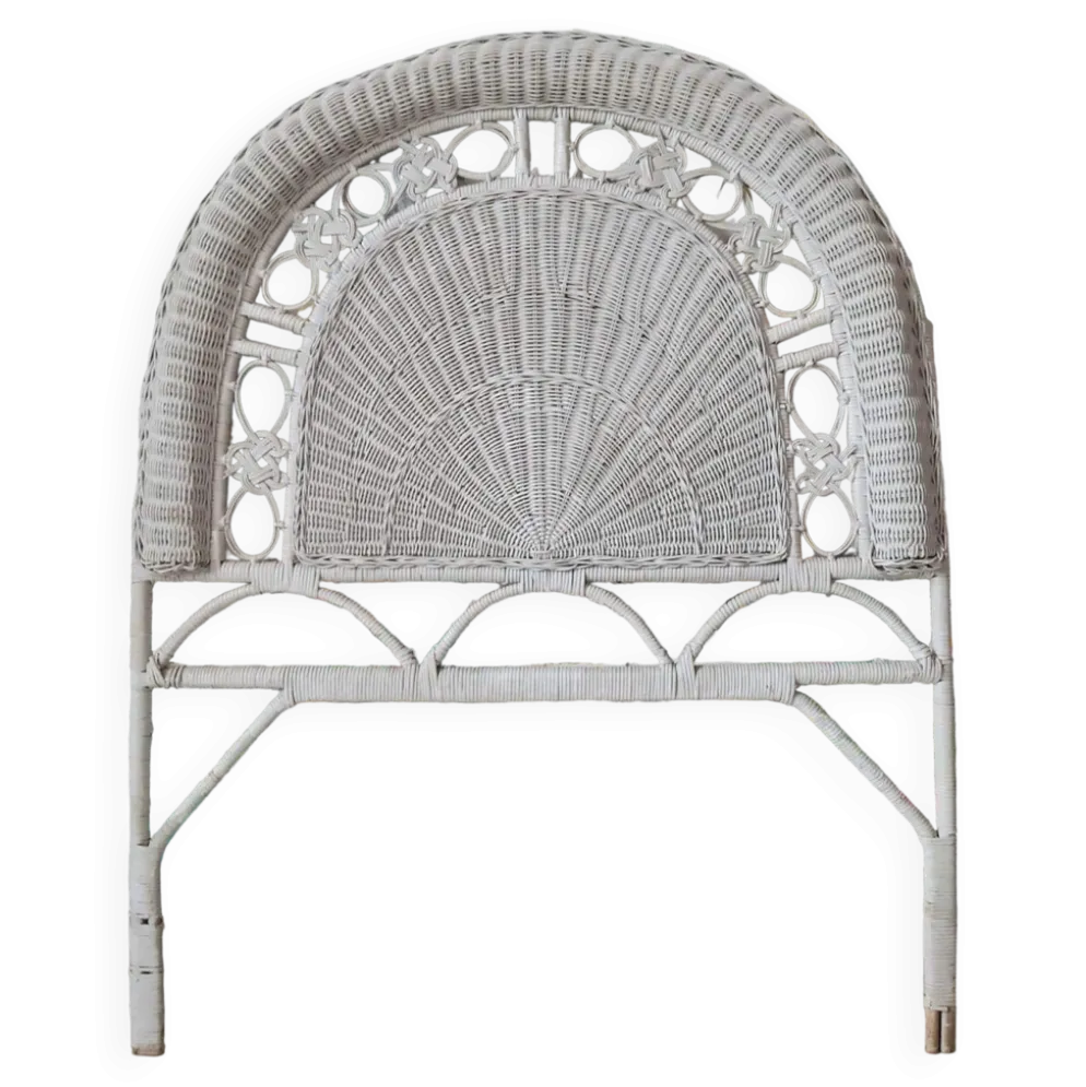 Tête de lit vintage en osier et rotin, meuble peacock ancien pour chambre à coucher
