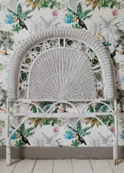 Tête de lit vintage en osier et rotin, meuble peacock ancien pour chambre à coucher
