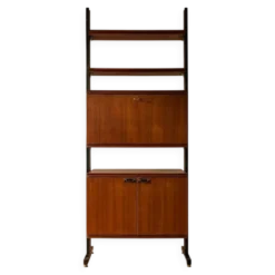 Unité murale modulaire moderne du milieu du siècle, cabinet de rangement en placage et métal noir, années 1960, Europe