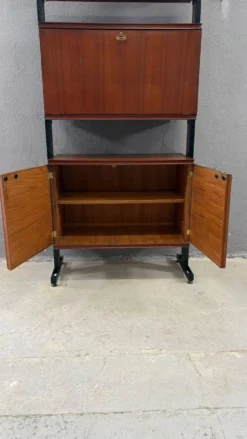 Unité murale modulaire moderne du milieu du siècle, cabinet de rangement en placage et métal noir, années 1960, Europe