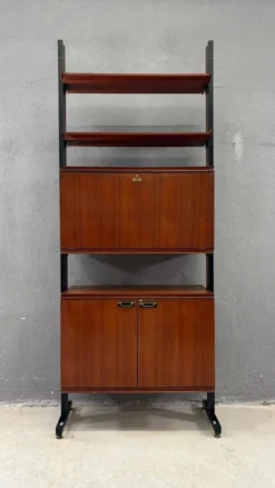 Unité murale modulaire moderne du milieu du siècle, cabinet de rangement en placage et métal noir, années 1960, Europe
