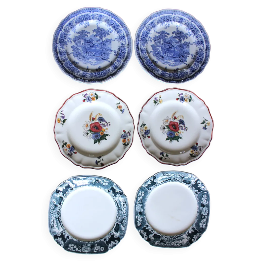 Un lot 6 assiettes plates paires Sarreguemines Lunéville Fleurs Bleu