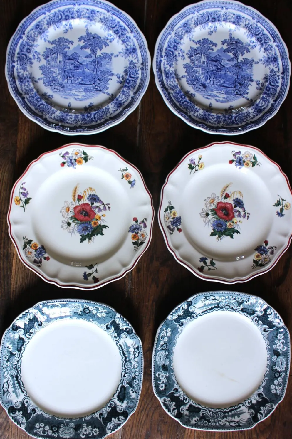 Un lot 6 assiettes plates paires Sarreguemines Lunéville Fleurs Bleu