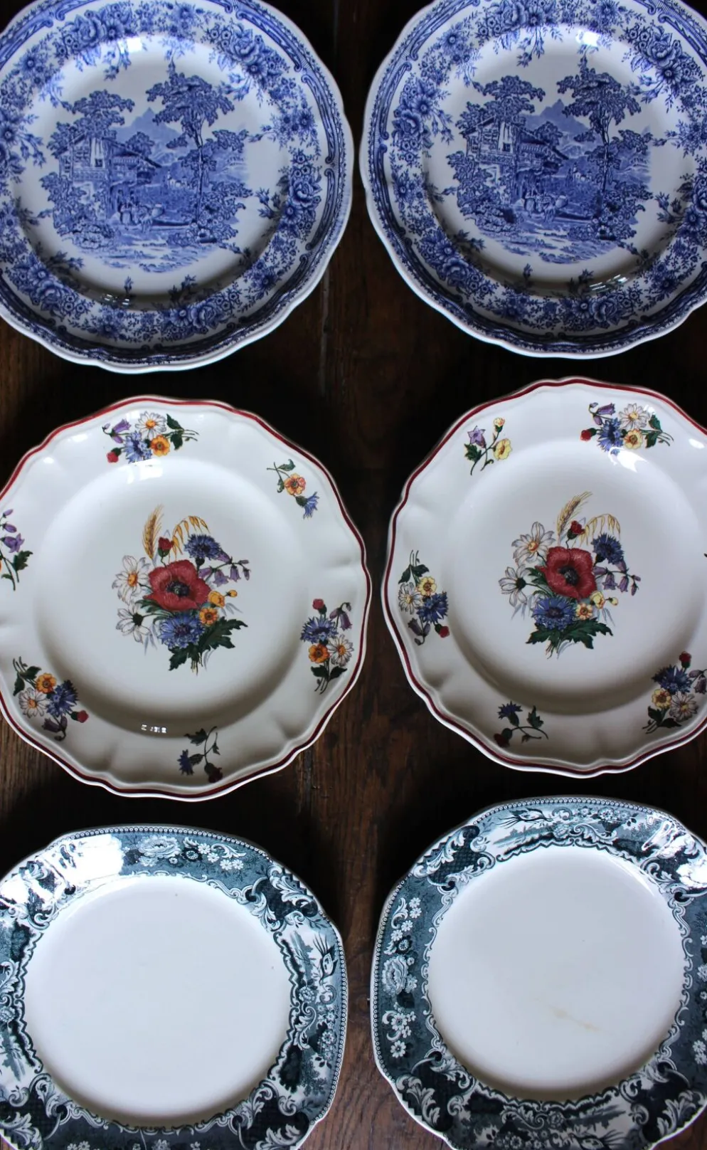 Un lot 6 assiettes plates paires Sarreguemines Lunéville Fleurs Bleu