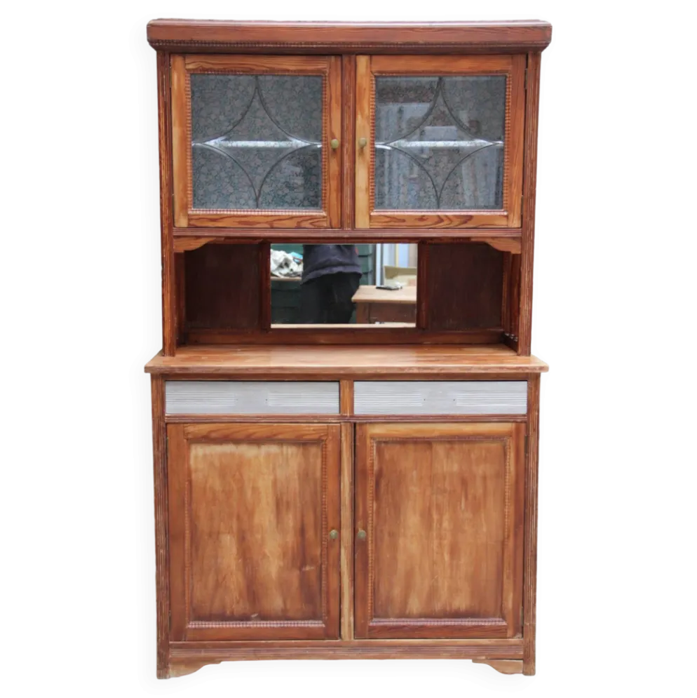 Vaisselier Art Déco en pin, vitres biseautées