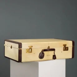 Valise vintage en parchemin, coton et cuir, Italie, années 1960