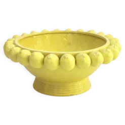 Vase en céramique jaune italien avec des motifs de fruits citron jaunes.