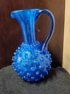 Vase pichet blue cobalt Empolie en verre bullé à picots
