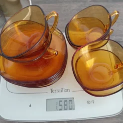 Vereco- 6 tasses et sous tasses verre orange