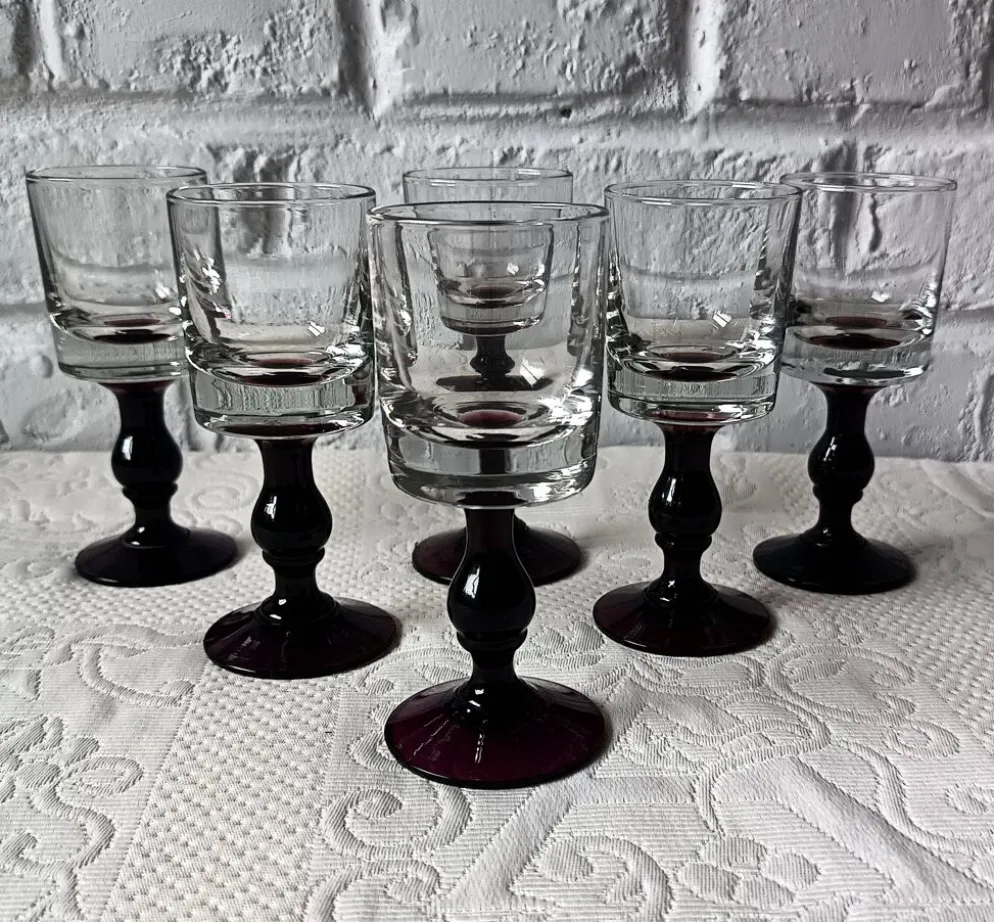 6 verres apéritif anciens, verre vintage pied prune