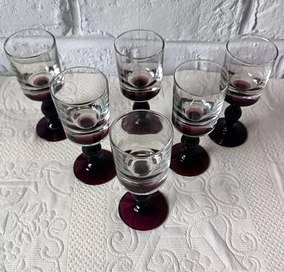 6 verres apéritif anciens, verre vintage pied prune
