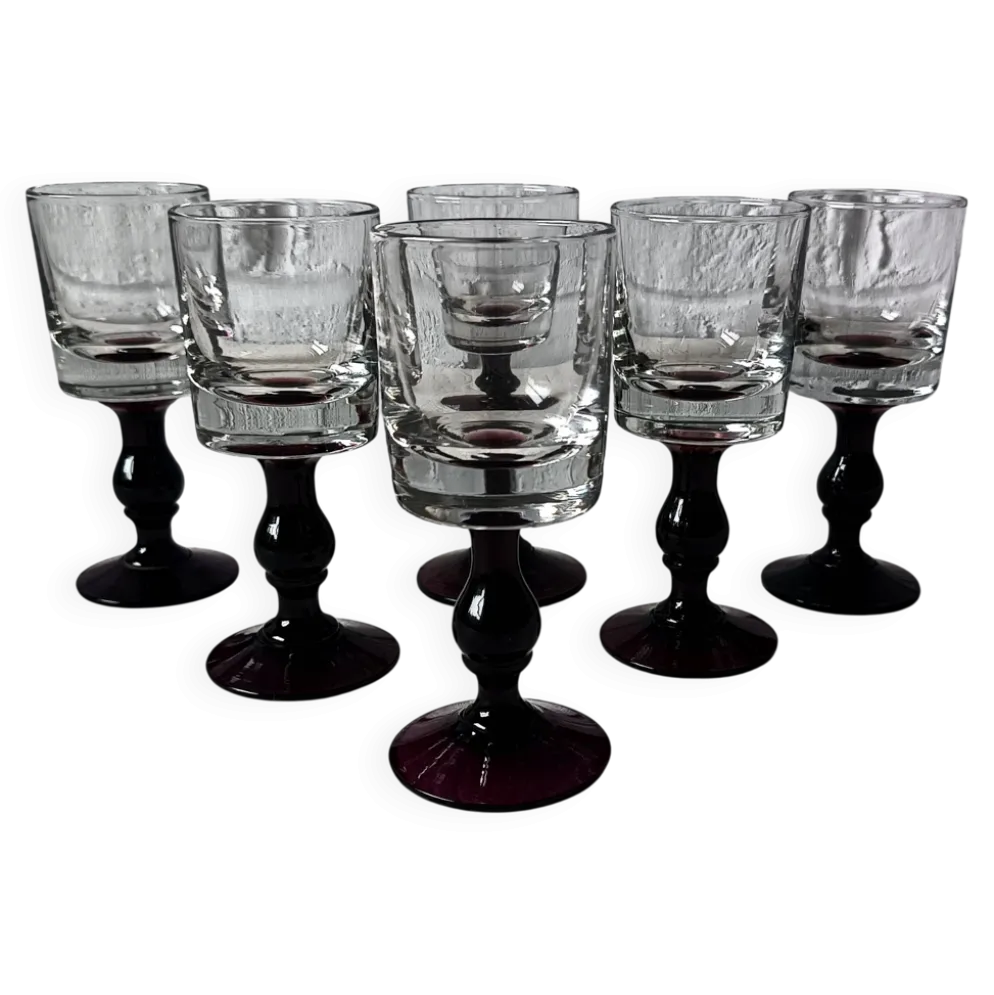 6 verres apéritif anciens, verre vintage pied prune