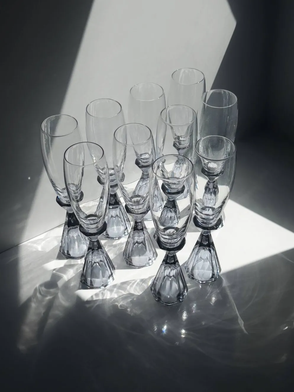 10 verres à champagne en cristal vintage, revival Art Déco des années 1980