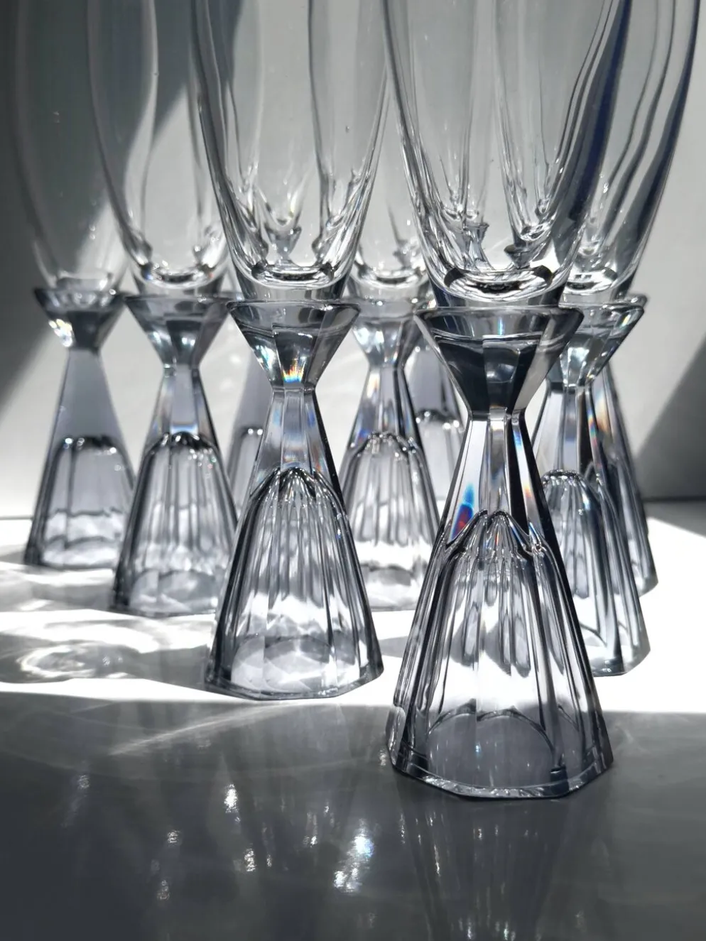 10 verres à champagne en cristal vintage, revival Art Déco des années 1980