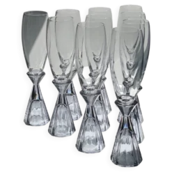 10 verres à champagne en cristal vintage, revival Art Déco des années 1980