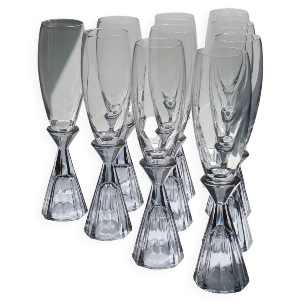 10 verres à champagne en cristal vintage, revival Art Déco des années 1980