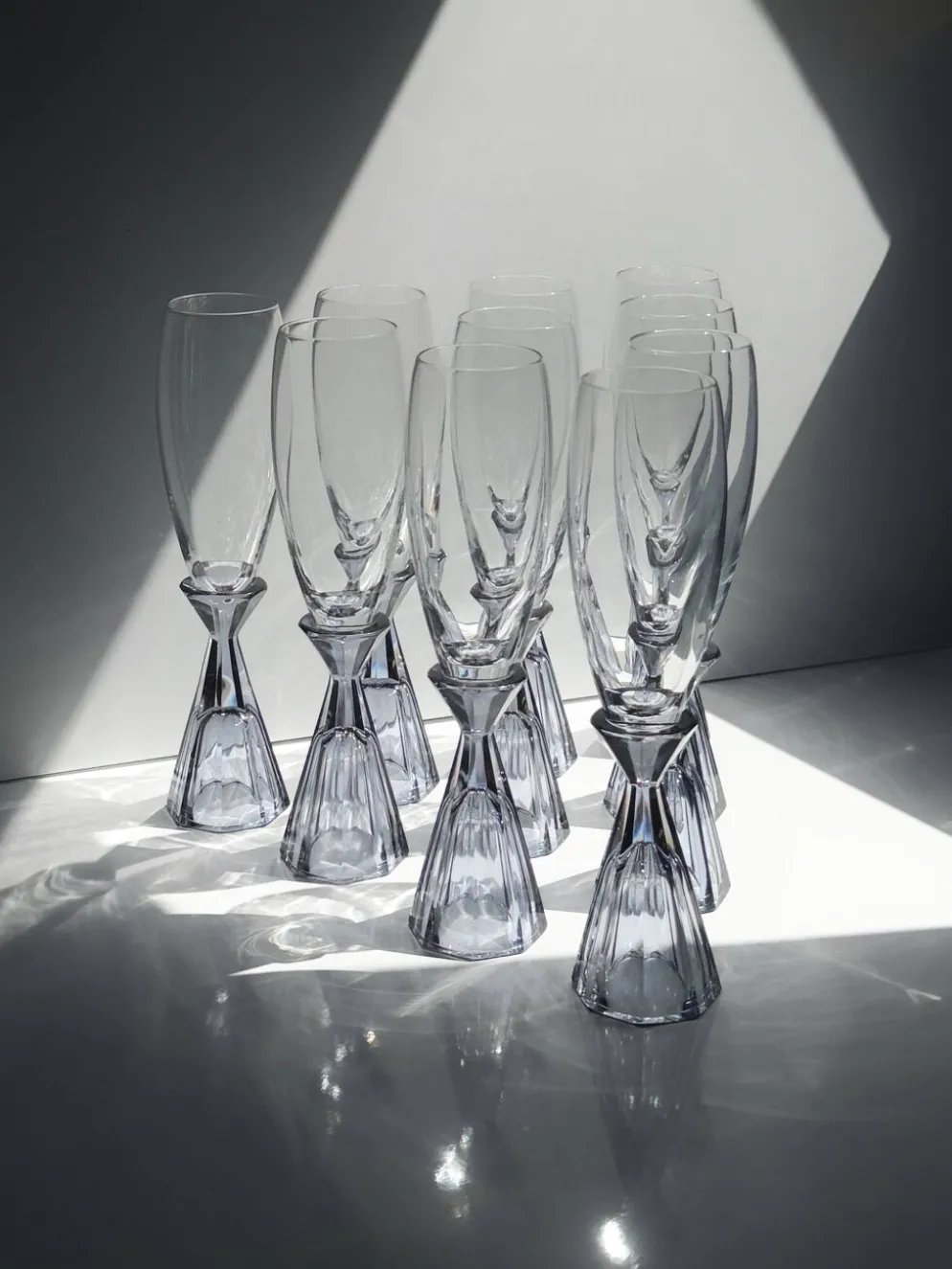10 verres à champagne en cristal vintage, revival Art Déco des années 1980