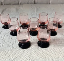 9 verres à liqueur français rose pied noir vintage france