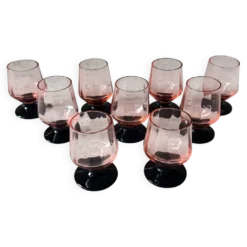 9 verres à liqueur français rose pied noir vintage france