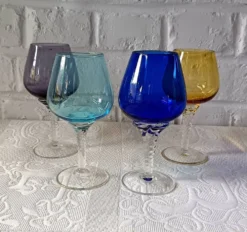 4 VERRES multicolores en verre coloré vintage arlequin