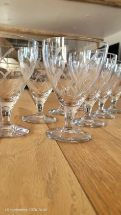 8 verres à pied anciens en verre gravé