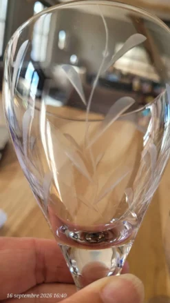 8 verres à pied anciens en verre gravé