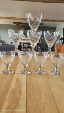 8 verres à pied anciens en verre gravé